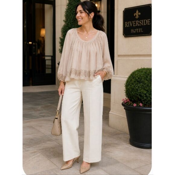 Kay Celine Tops - Light Beige Crochet-Hem Peasant Blouse